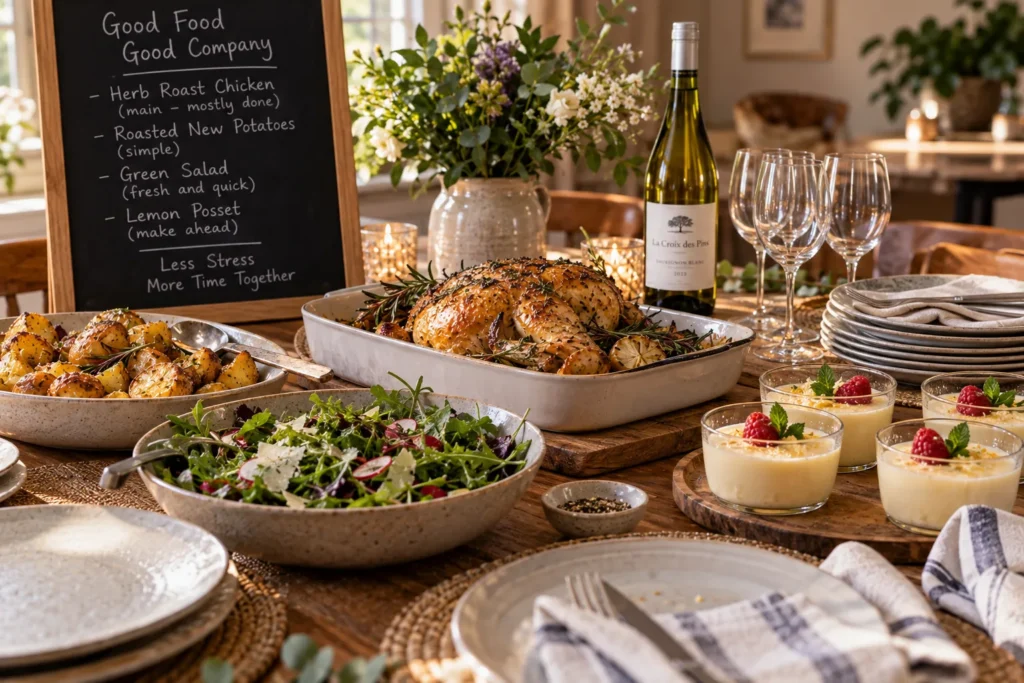 A relaxed dinner table planned around make-ahead and simple dishes.