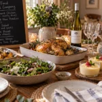 A relaxed dinner table planned around make-ahead and simple dishes.