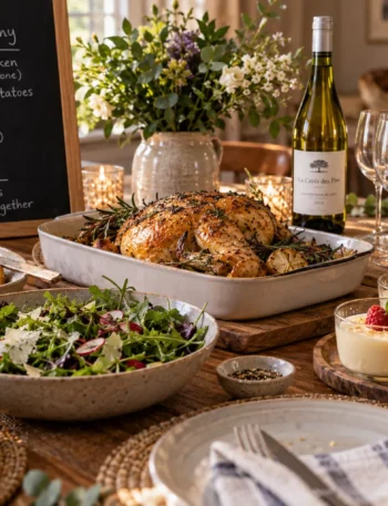 A relaxed dinner table planned around make-ahead and simple dishes.