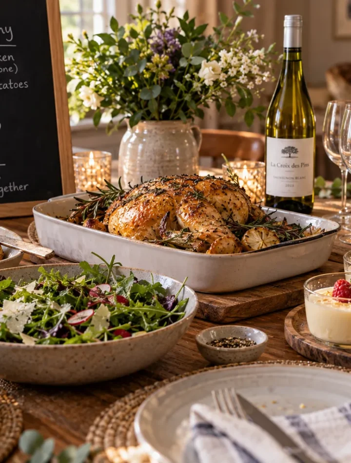 A relaxed dinner table planned around make-ahead and simple dishes.