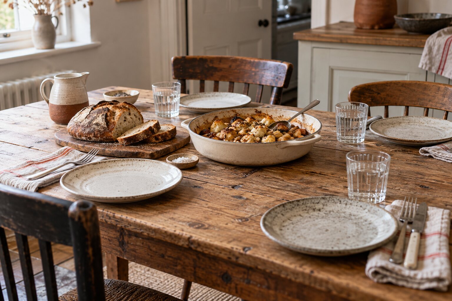 A welcoming table laid for four with bread and a shared dish