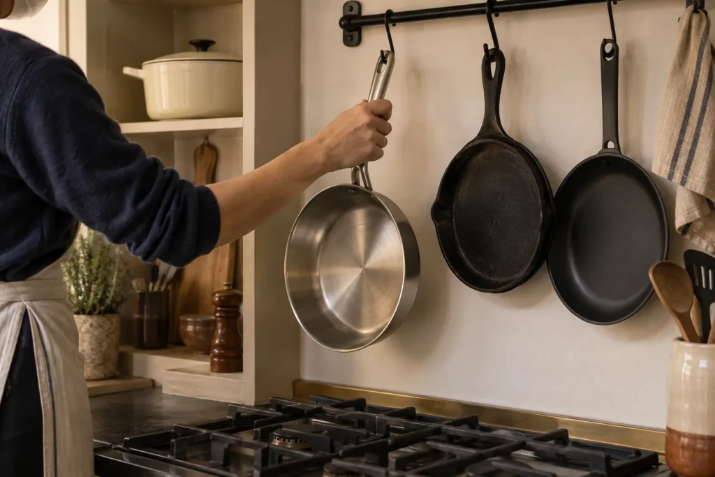 Cookware selected for different kitchen tasks