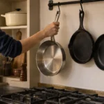 A cook choosing a stainless-steel pan from a rail holding different cookware