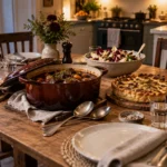 A relaxed dining table set with a casserole, savoury tart, salad and bread for sharing
