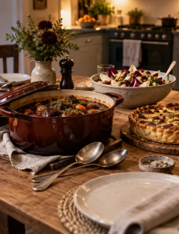 A relaxed dining table set with a casserole, savoury tart, salad and bread for sharing
