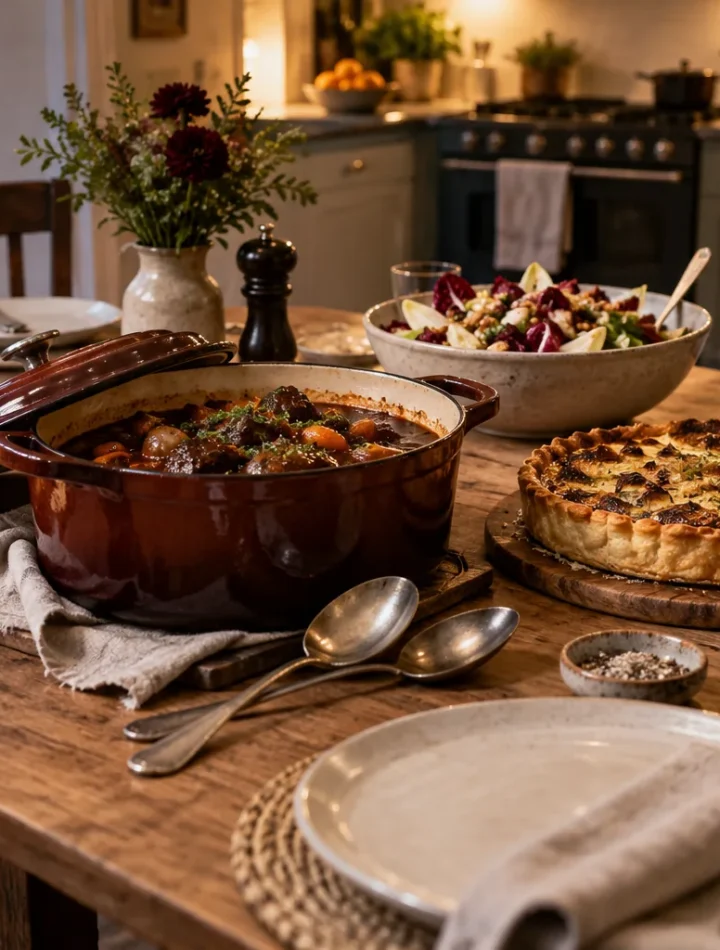 A relaxed dining table set with a casserole, savoury tart, salad and bread for sharing