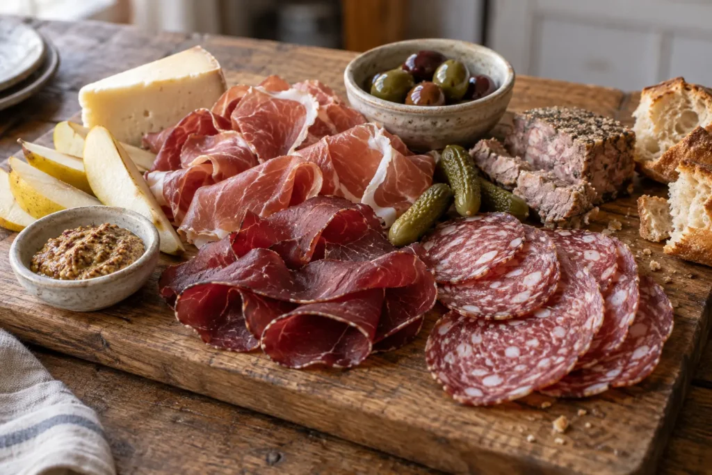A rustic charcuterie board arranged with cured meats and accompaniments