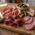 A rustic charcuterie board arranged with cured meats and accompaniments