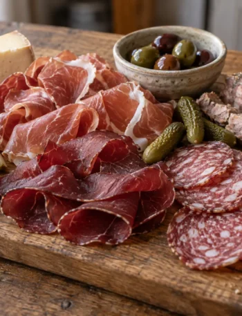 A rustic charcuterie board arranged with cured meats and accompaniments