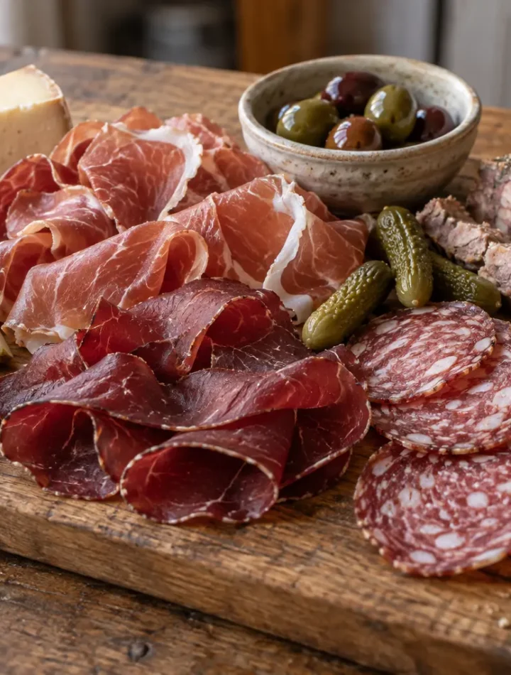 A rustic charcuterie board arranged with cured meats and accompaniments