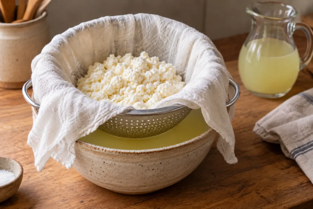 A colander of fresh paneer resting securely over a bowl of golden whey