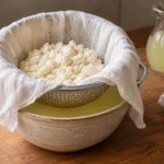 A colander of fresh paneer resting securely over a bowl of golden whey