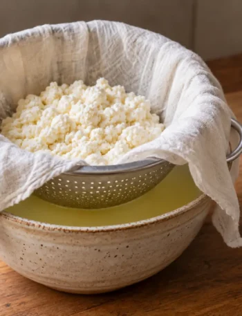 A colander of fresh paneer resting securely over a bowl of golden whey