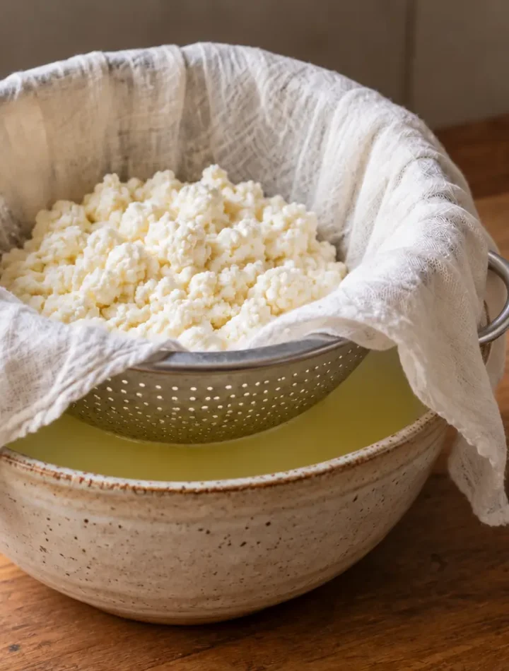 A colander of fresh paneer resting securely over a bowl of golden whey