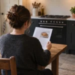 A home cook seated at a kitchen table reading a recipe before beginning to cook
