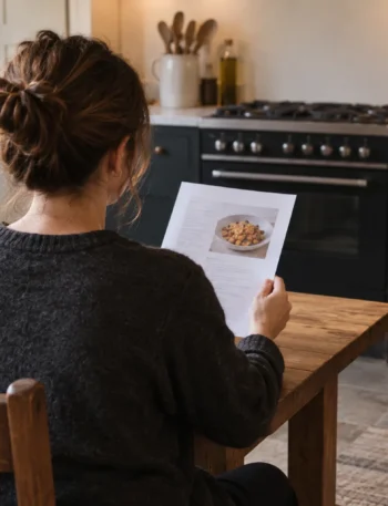 A home cook seated at a kitchen table reading a recipe before beginning to cook