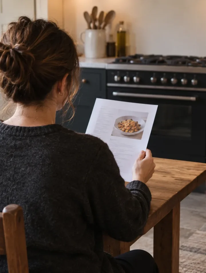 A home cook seated at a kitchen table reading a recipe before beginning to cook
