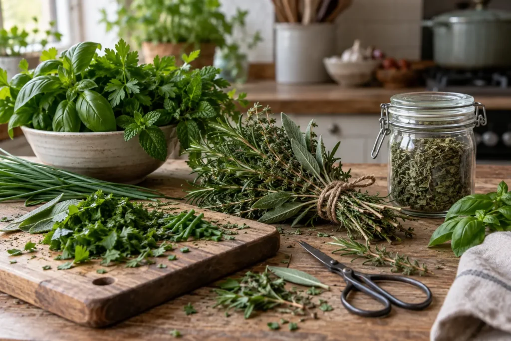 Freshly gathered herbs arranged for drying and preservation
