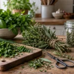 Freshly gathered herbs arranged for drying and preservation