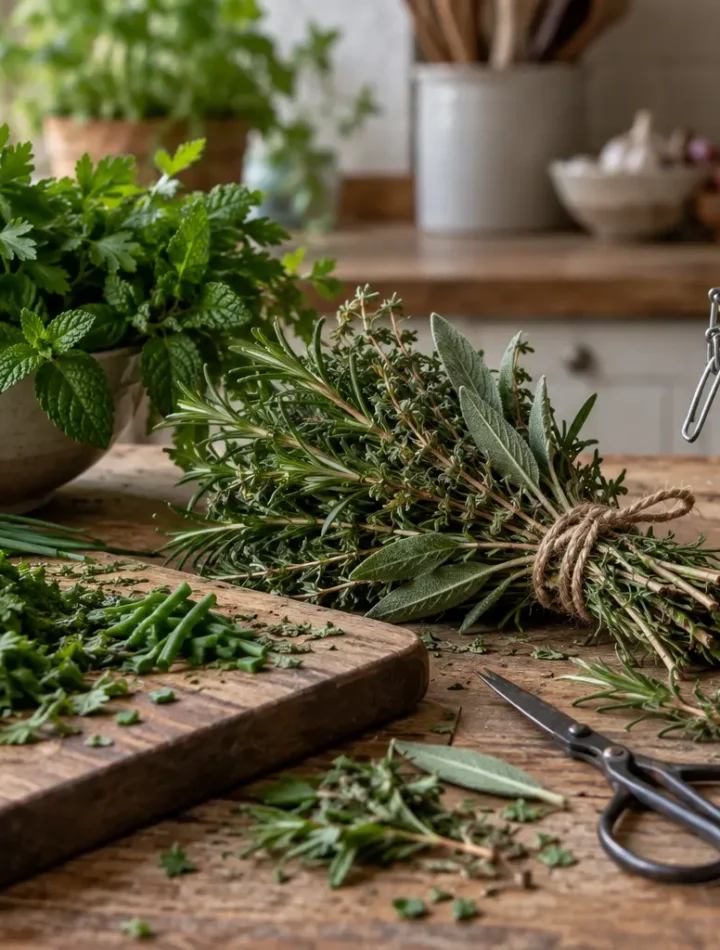 Freshly gathered herbs arranged for drying and preservation