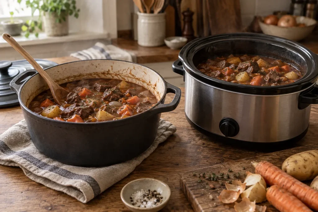 A Dutch oven and slow cooker filled with rich stew in a warm home kitchen