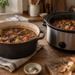 A Dutch oven and slow cooker filled with rich stew in a warm home kitchen