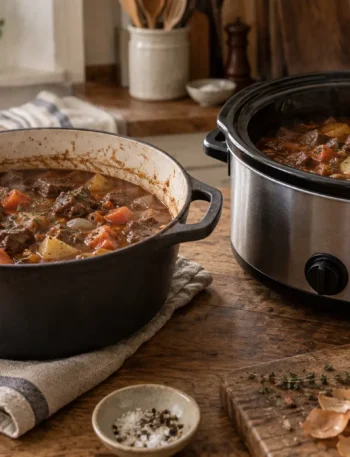 A Dutch oven and slow cooker filled with rich stew in a warm home kitchen