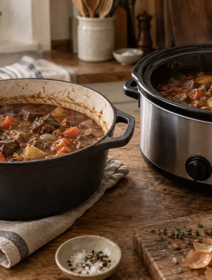 A Dutch oven and slow cooker filled with rich stew in a warm home kitchen