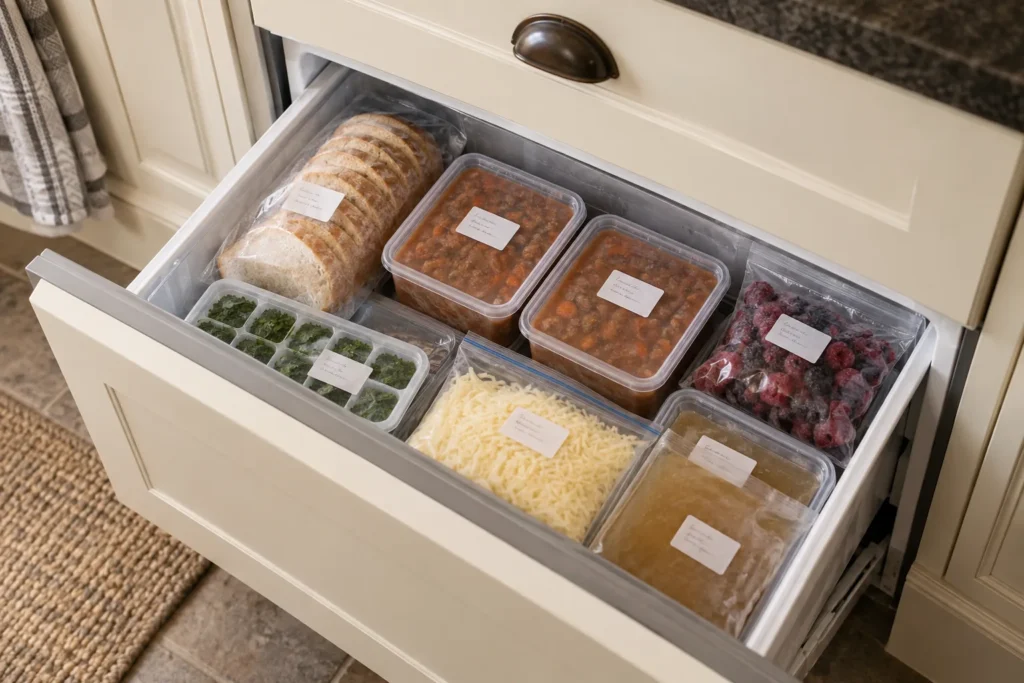 Organised frozen food stored as part of a practical larder