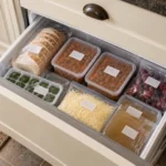 An organised freezer drawer containing labelled portions, sliced bread, berries, herbs and stock