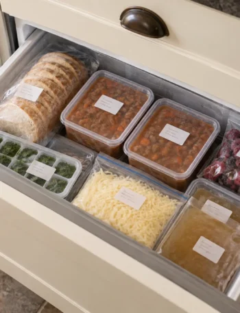 An organised freezer drawer containing labelled portions, sliced bread, berries, herbs and stock