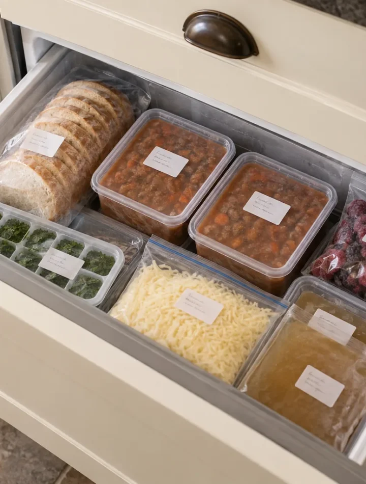 An organised freezer drawer containing labelled portions, sliced bread, berries, herbs and stock