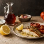 Grilled fish with lemon, yoghurt, vinegar, tomatoes and pickled onions