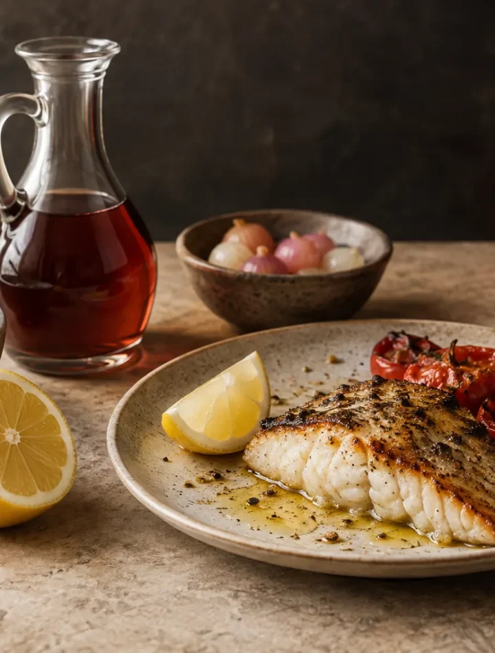 Grilled fish with lemon, yoghurt, vinegar, tomatoes and pickled onions
