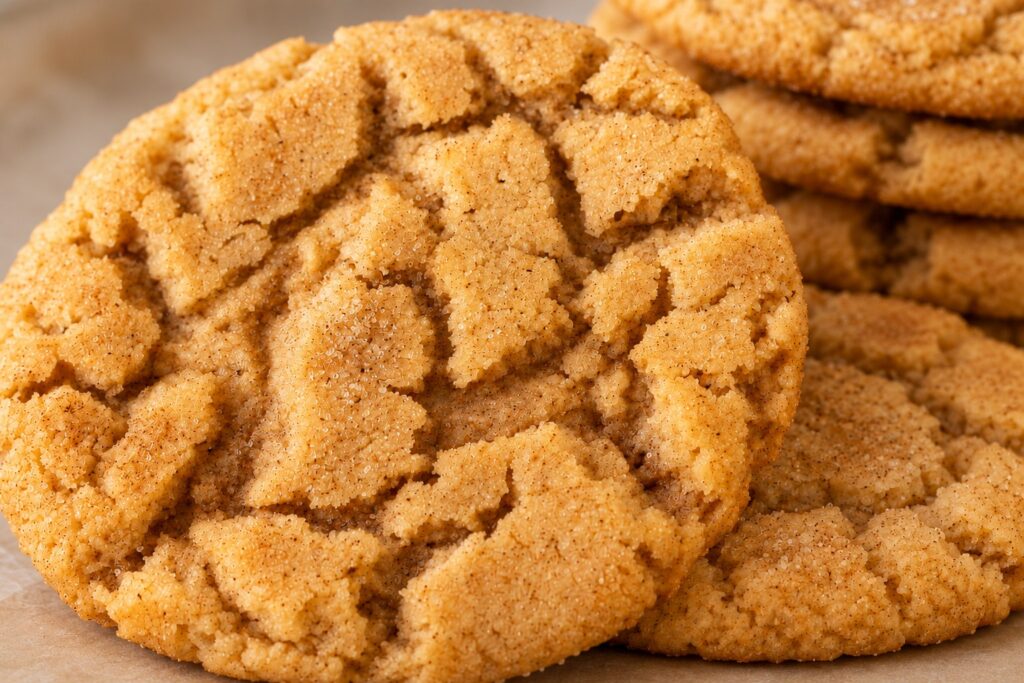 Rustic golden cinnamon and brown sugar crinkle cookies with naturally cracked tops.