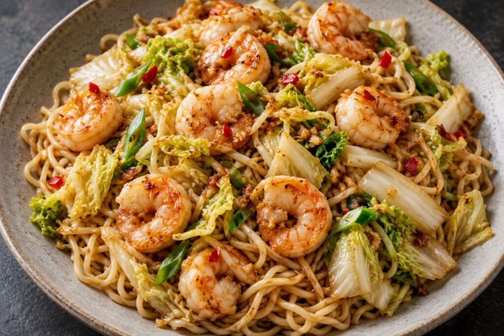 King prawns, Chinese leaf and fine egg noodles with chilli, ginger and sliced spring onion.