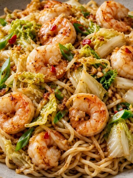 King prawns, Chinese leaf and fine egg noodles with chilli, ginger and sliced spring onion.