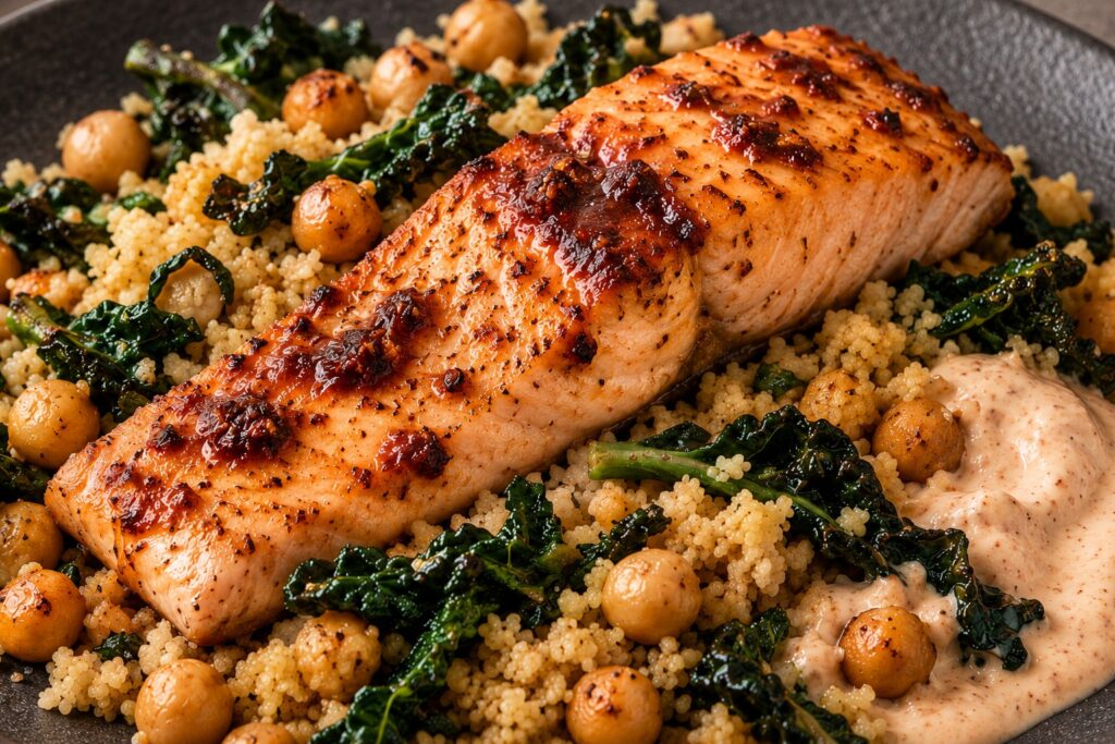 Harissa yoghurt salmon over wholewheat couscous, roasted chickpeas and cavolo nero, with a creamy lemon yoghurt dressing.