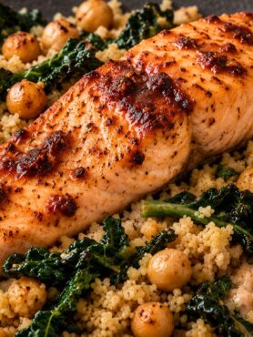 Harissa yoghurt salmon over wholewheat couscous, roasted chickpeas and cavolo nero, with a creamy lemon yoghurt dressing.