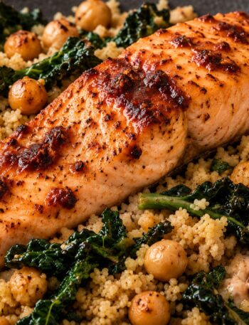 Harissa yoghurt salmon over wholewheat couscous, roasted chickpeas and cavolo nero, with a creamy lemon yoghurt dressing.