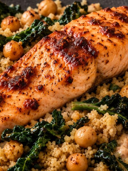 Harissa yoghurt salmon over wholewheat couscous, roasted chickpeas and cavolo nero, with a creamy lemon yoghurt dressing.