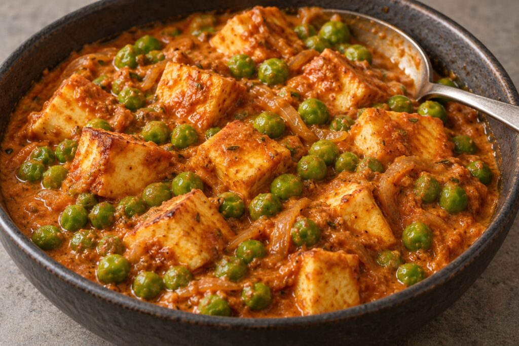 Golden paneer cubes and green peas in a spiced tomato cream sauce in a dark ceramic bowl.