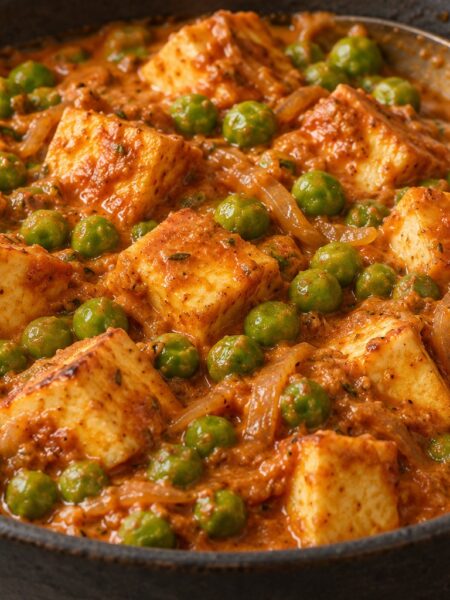 Golden paneer cubes and green peas in a spiced tomato cream sauce in a dark ceramic bowl.