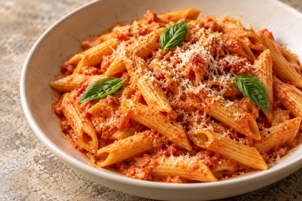 Penne coated in creamy tomato sauce with grated Italian cheese, black pepper and basil in an ivory bowl.