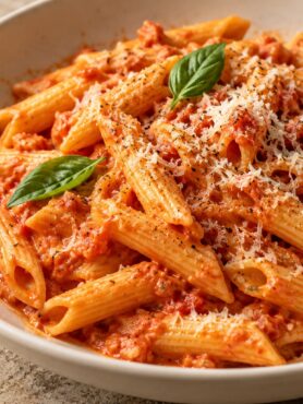 Penne coated in creamy tomato sauce with grated Italian cheese, black pepper and basil in an ivory bowl.