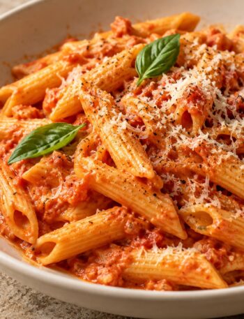 Penne coated in creamy tomato sauce with grated Italian cheese, black pepper and basil in an ivory bowl.
