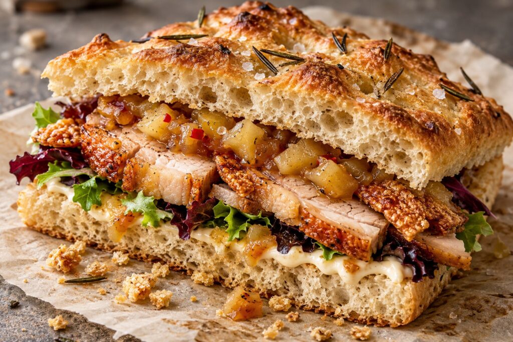 Rosemary focaccia filled with roast pork belly, crisp crackling, chunky apple chutney, mayonnaise and baby salad leaves.