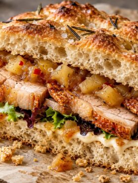 Rosemary focaccia filled with roast pork belly, crisp crackling, chunky apple chutney, mayonnaise and baby salad leaves.