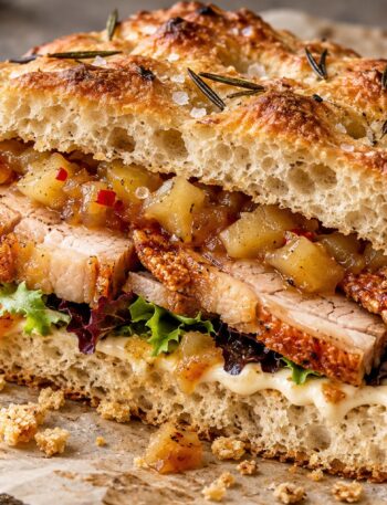 Rosemary focaccia filled with roast pork belly, crisp crackling, chunky apple chutney, mayonnaise and baby salad leaves.