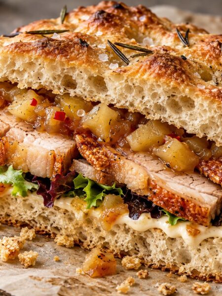 Rosemary focaccia filled with roast pork belly, crisp crackling, chunky apple chutney, mayonnaise and baby salad leaves.
